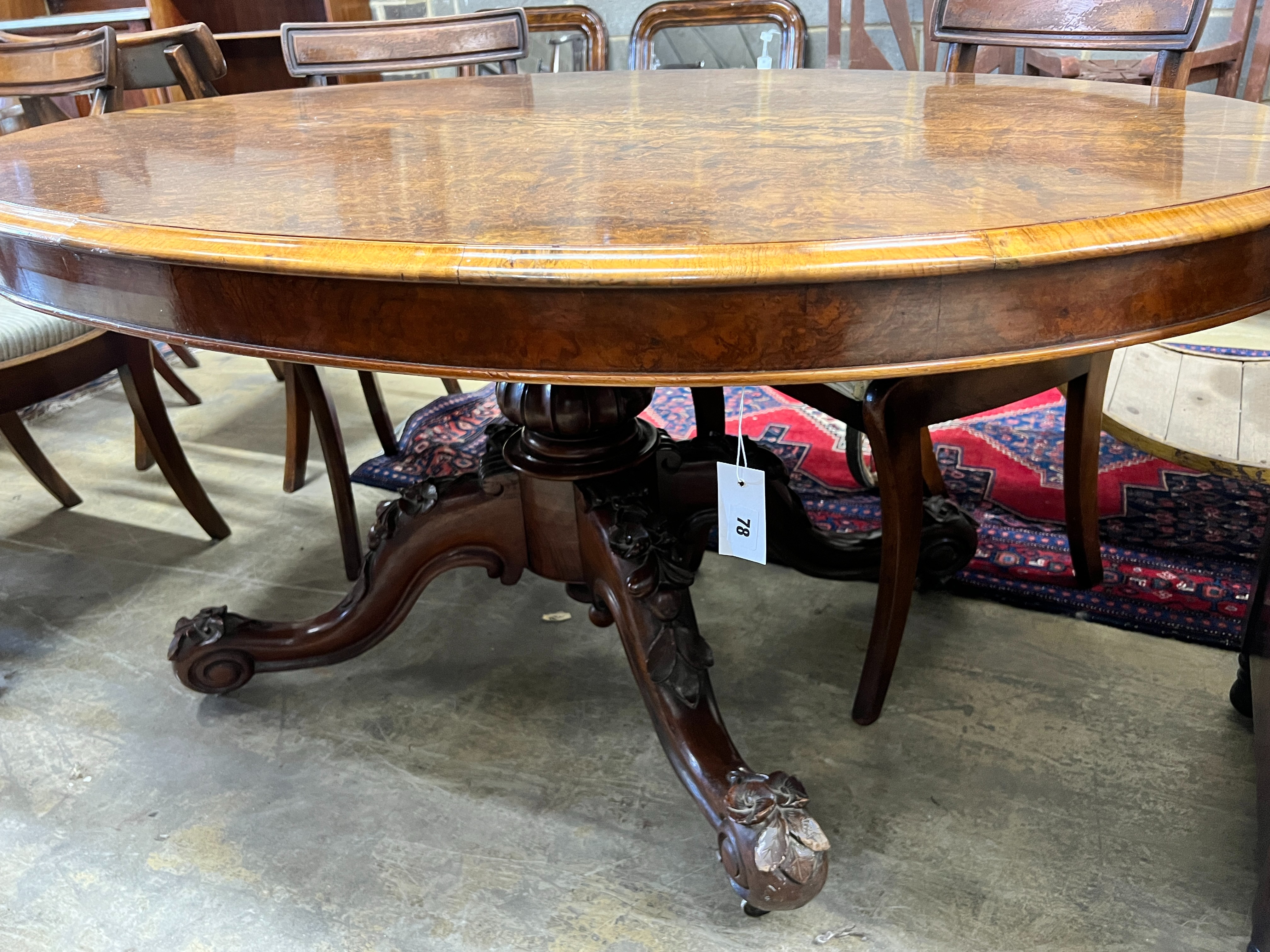 A Victorian oval burr walnut loo table, length 150cm, width 109cm, height 71cm